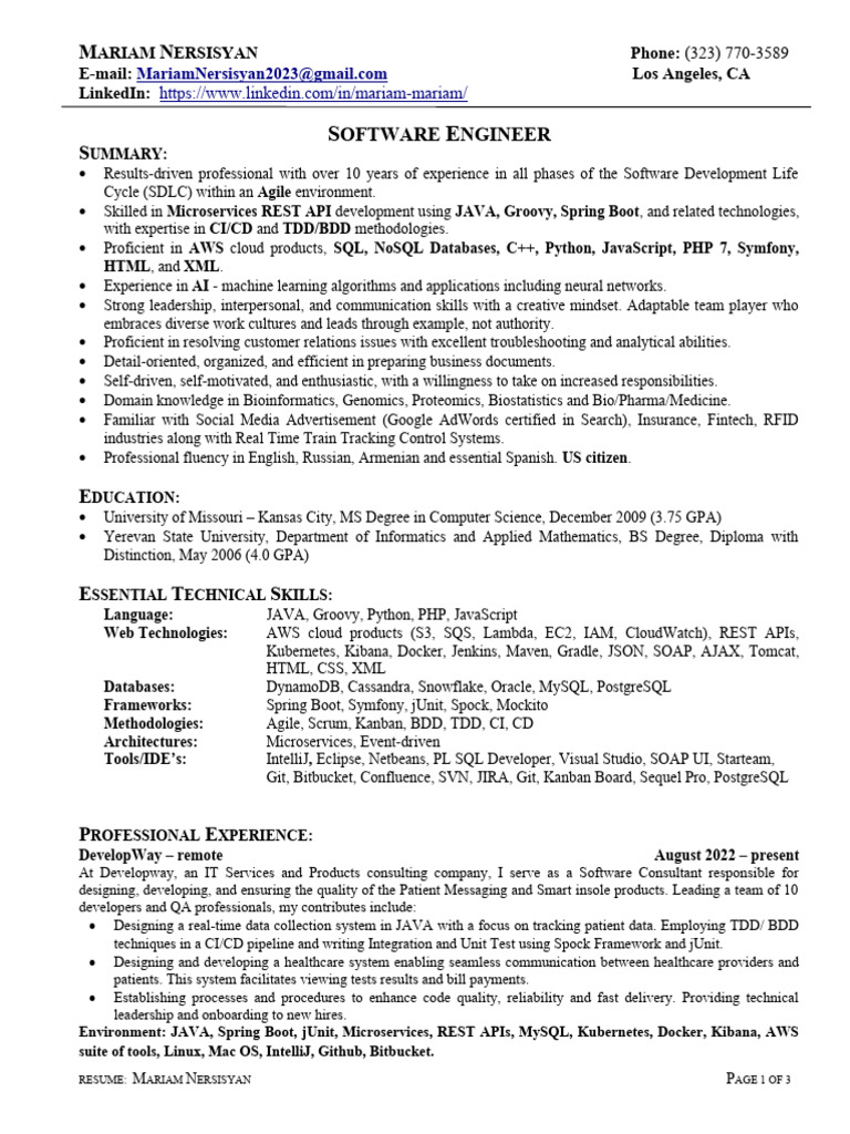 Software Engineer Mariam Nersisyan Resume | PDF | My Sql | Java ...
