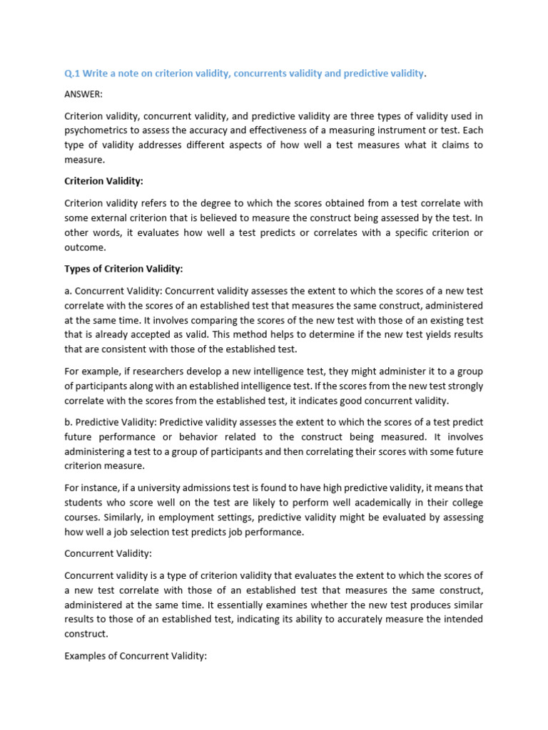 Q.1 Write A Note On Criterion Validity, Concurrents Validity and ...