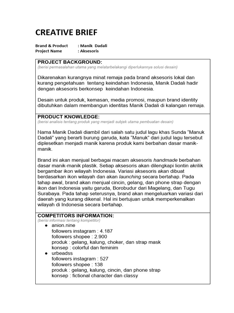 Desain Brief Aksesoris Manik Dadali | PDF | Bisnis | Ilmu Sosial