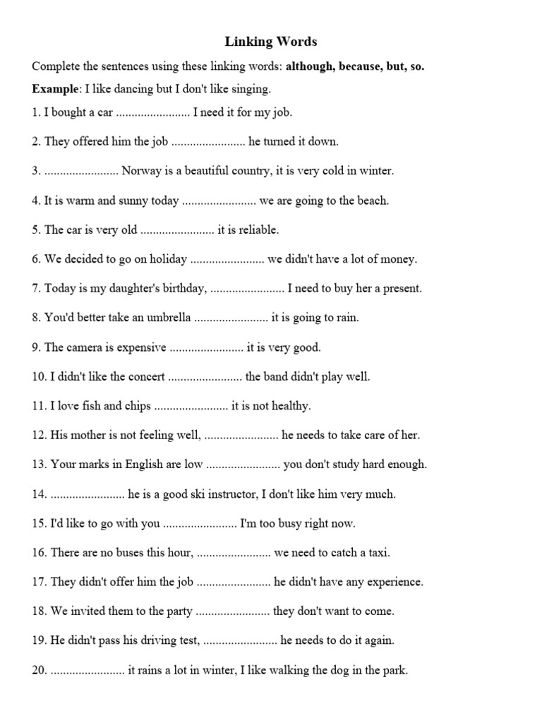 Linking Words Exercise Pdf