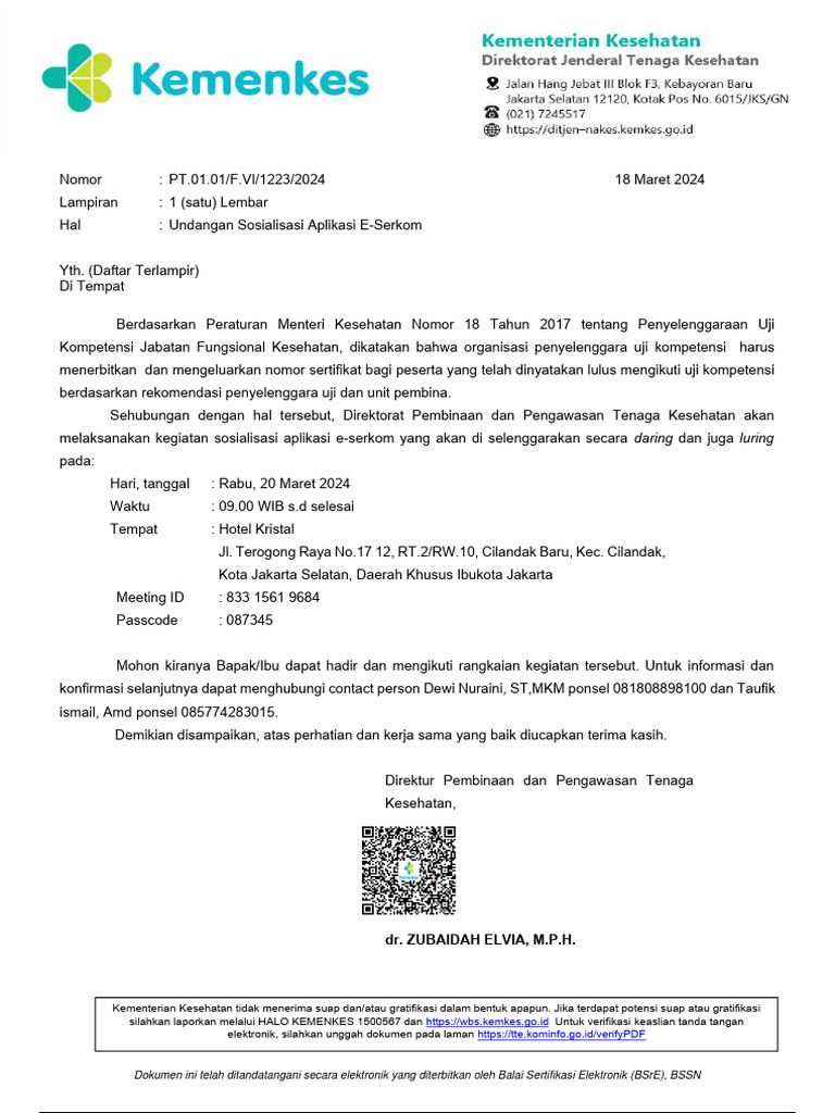 Undangan Rapat Sosialisai Aplikasi E-Serkom Tanggal 20 Maret 2024 | PDF