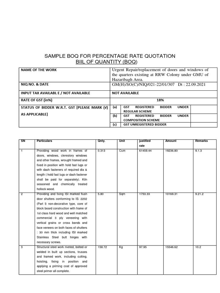 Sample Boq For Percentage Rate Quotation Biil of Quantity (Boq) | PDF ...