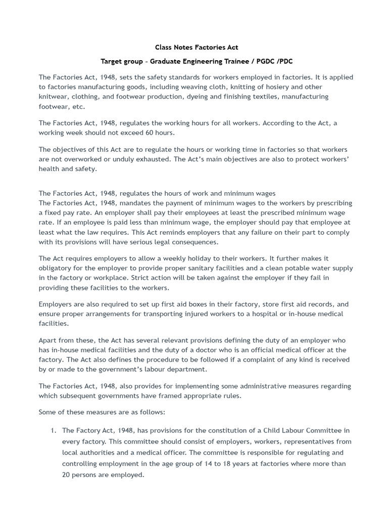 Overview of the Factories Act 1948 | PDF | Employment | Occupational ...