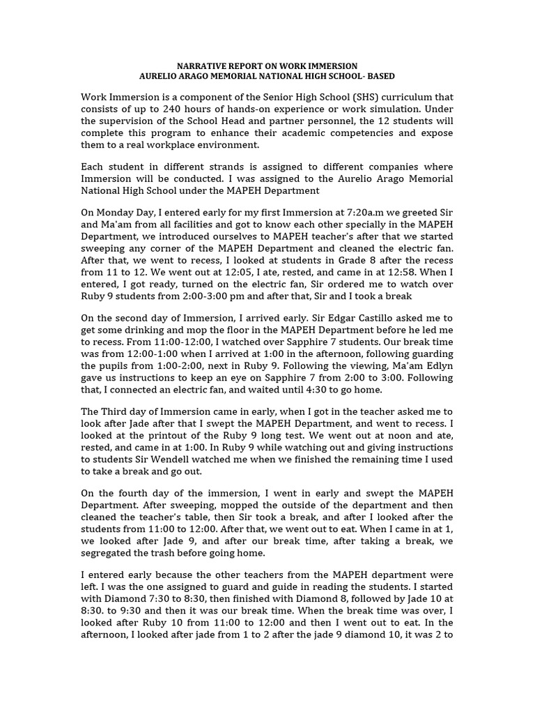 Grade 12 Work Immersion Narrative Report | PDF