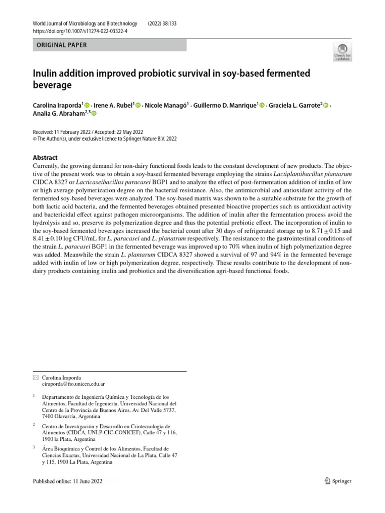 Inulin Enhances Probiotic Survival in Soy Beverage | PDF | Probiotic ...