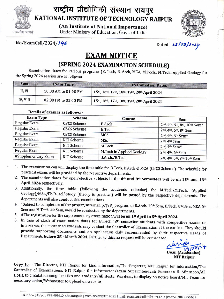 NIT Raipur Spring 2024 Exam Schedule | PDF | Educational Stages ...