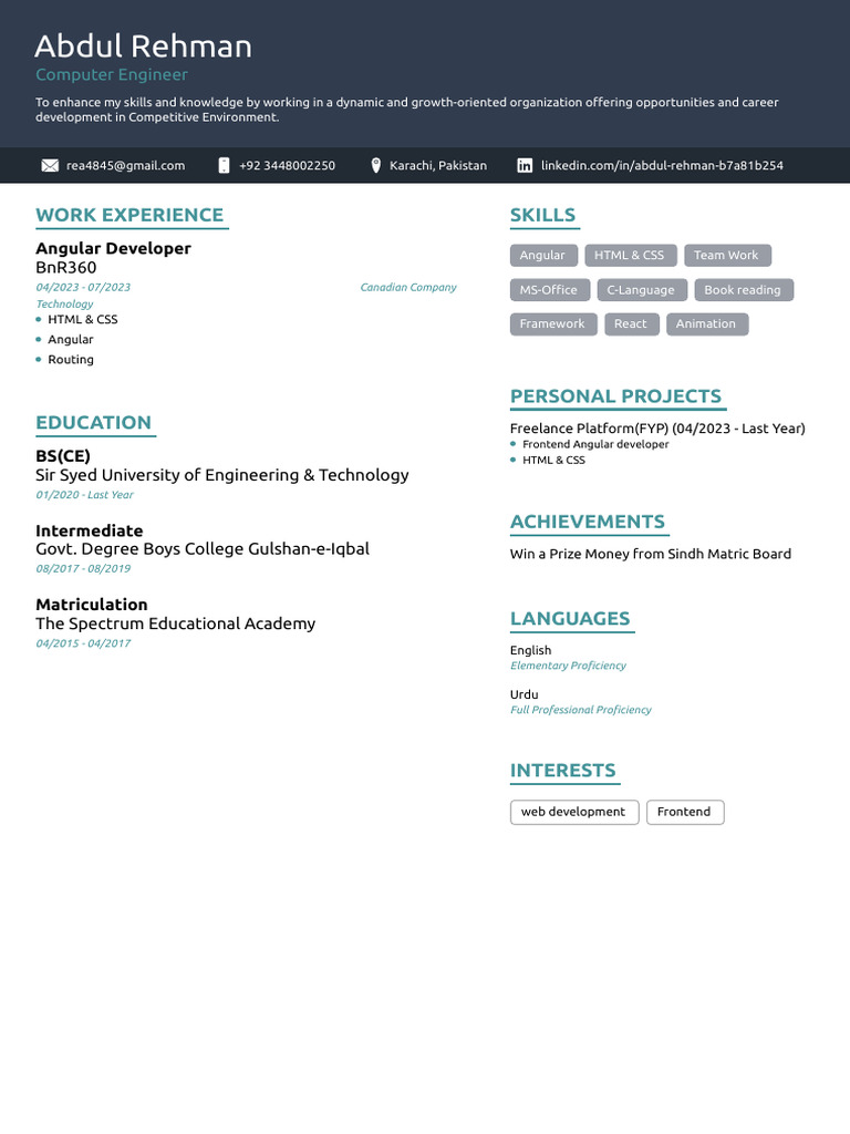 Abdul Rehman: Angular Developer Profile | PDF | Technology & Engineering