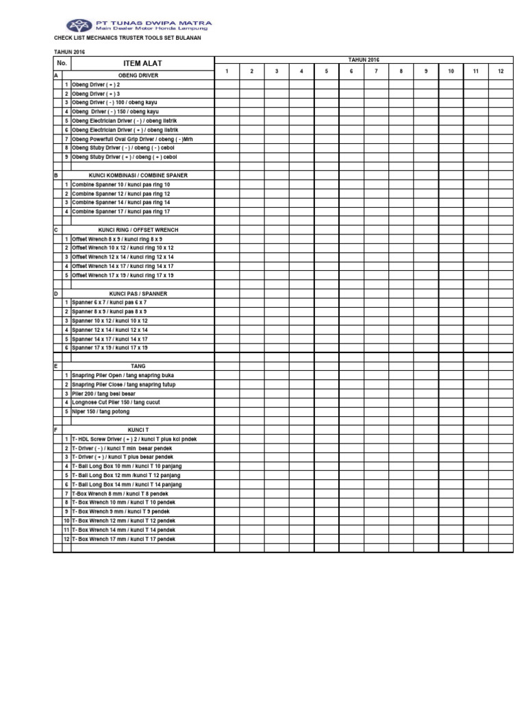 Check List Tools Bulanan | PDF
