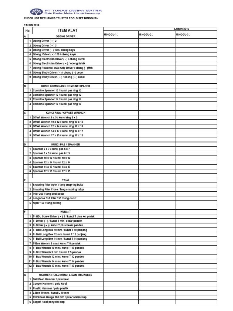 CHECK LIST TOOLS MINGGUAN | PDF