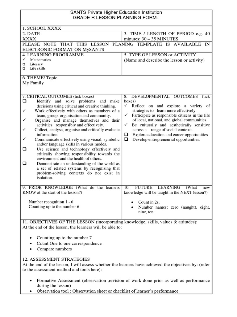 Grade R Family Lesson Plan Template | PDF | Learning | Cognitive Science