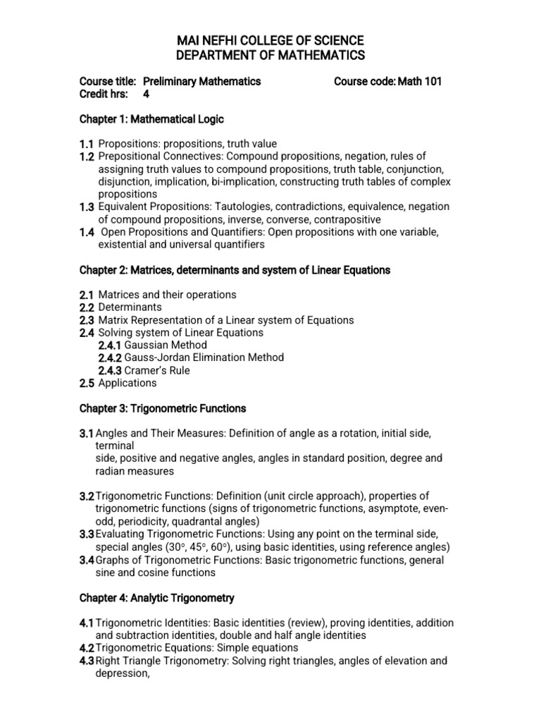 Math 101 Course Outline and Topics | PDF