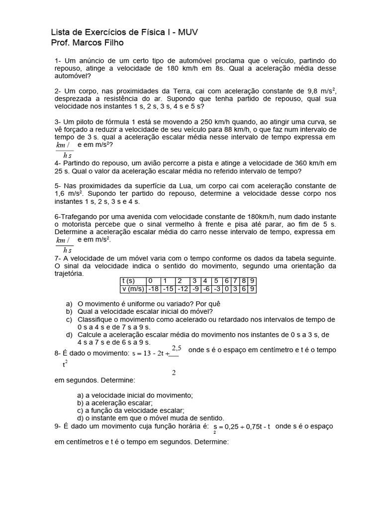 Exercícios de Física I - Movimento Uniforme e Variado | PDF ...