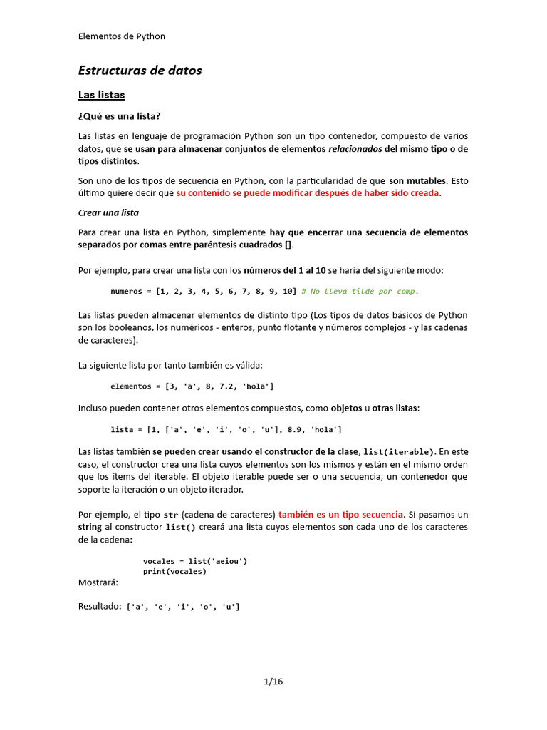 Listas en Python: Tipos y Ejemplos | PDF | Python (lenguaje de ...