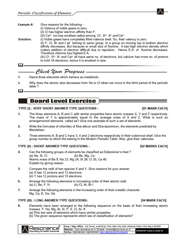 Periodic Classification of Elements Exercise | PDF | Periodic Table ...
