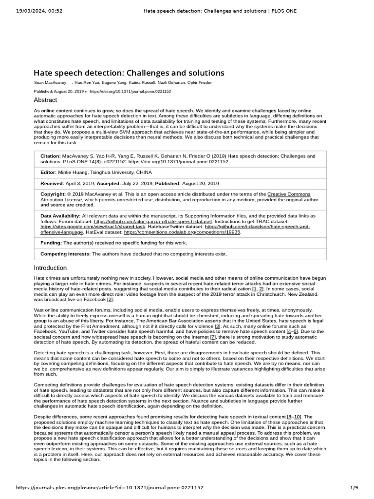 Hate Speech Detection Challenges And Solutions Plos One Pdf
