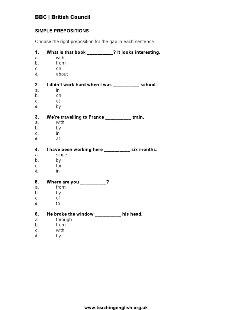 Simple Prepositions Exercise & Answers | PDF