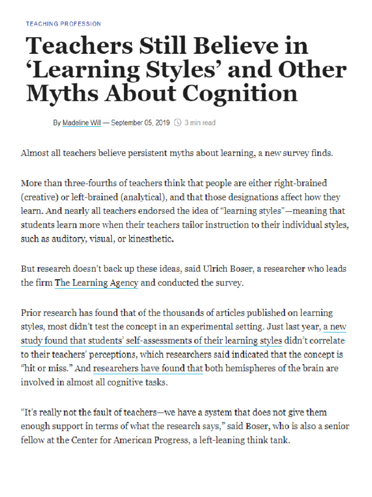 Teachers Still Believe in Learning Styles and Other Myths About ...