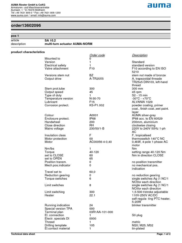 AUMA SA 10.2 Technical Data Sheet | PDF | Electric Motor | Electric Power