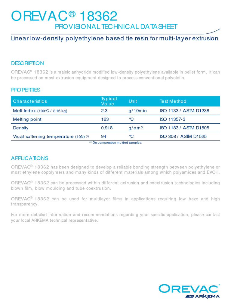 (Arkema) (TDS) Orevac 18362 (LLDPE MFR 2.3) | PDF | Medical Device ...