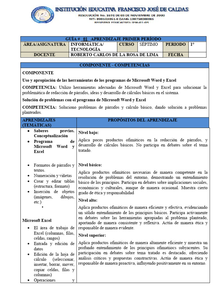 Guía de Informática para Séptimo Grado | PDF | Microsoft Excel | Hoja ...