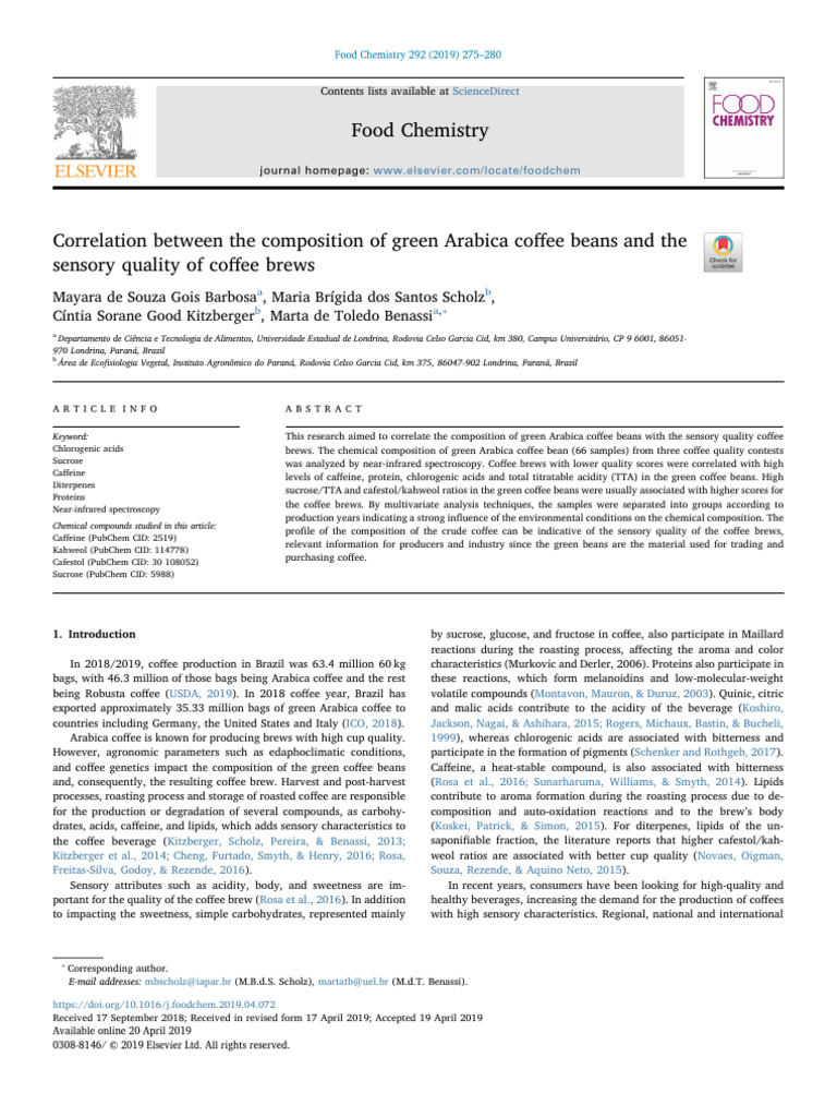 Correlation Between The Composition of Green Arabica Co Ee Beans and ...