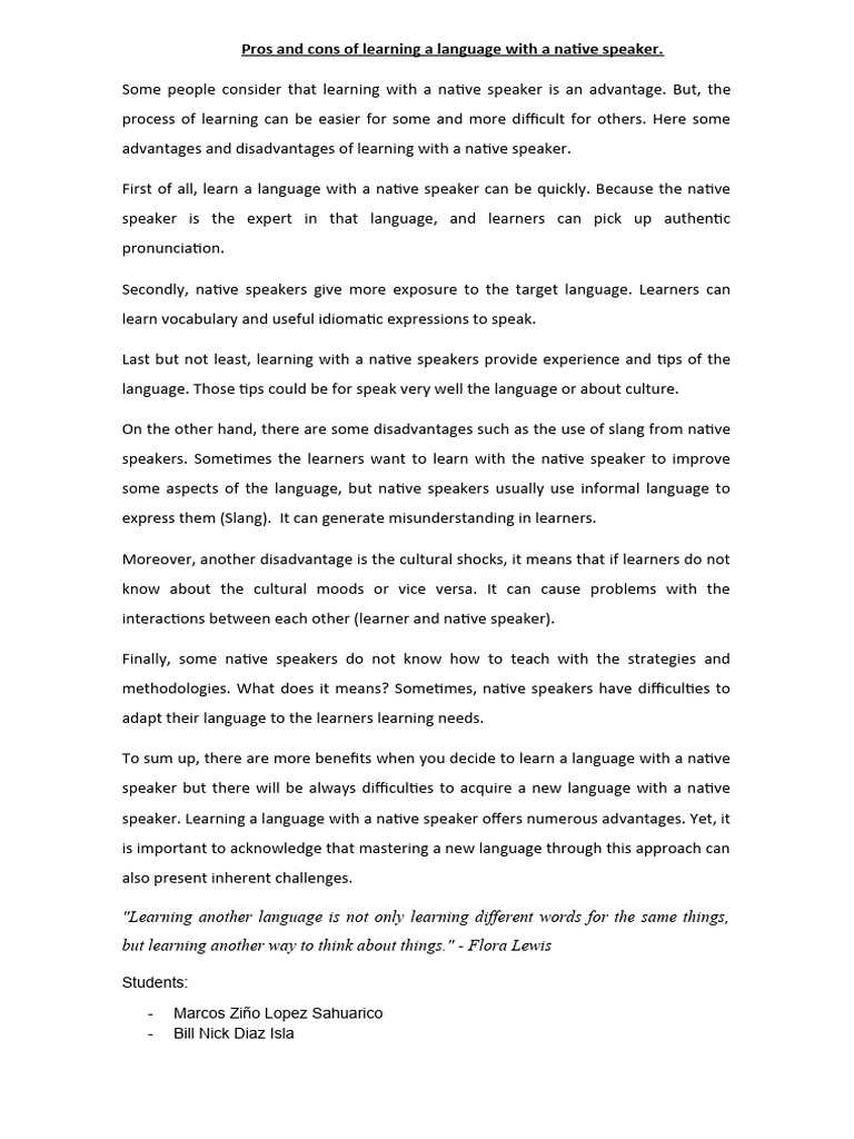 Pros and Cons of Learning A Language With A Native SpeakerEssay PDF