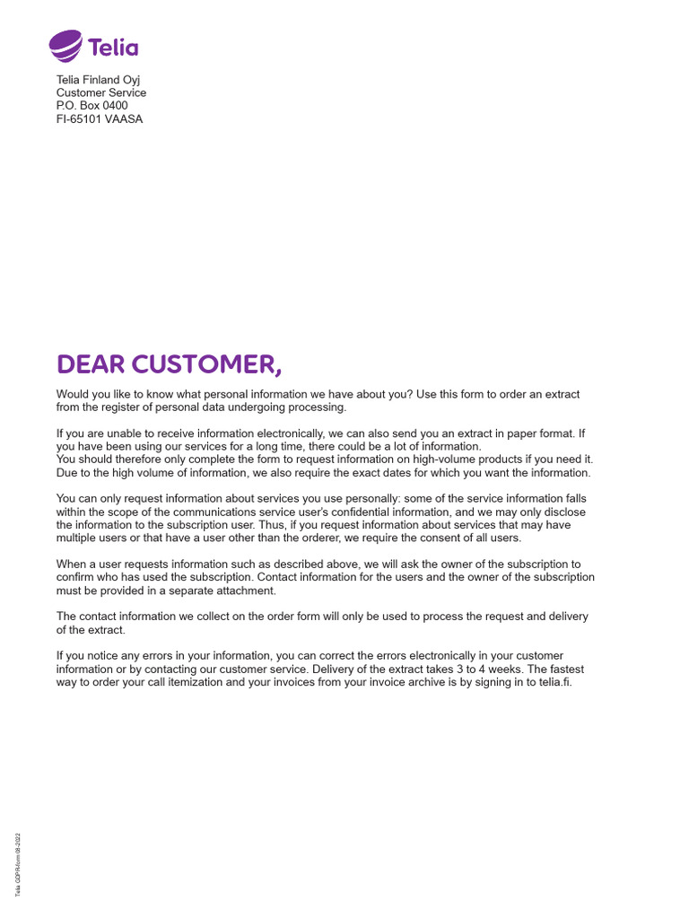 Telia GDPR Data Request Form | PDF | Information | Subscription ...