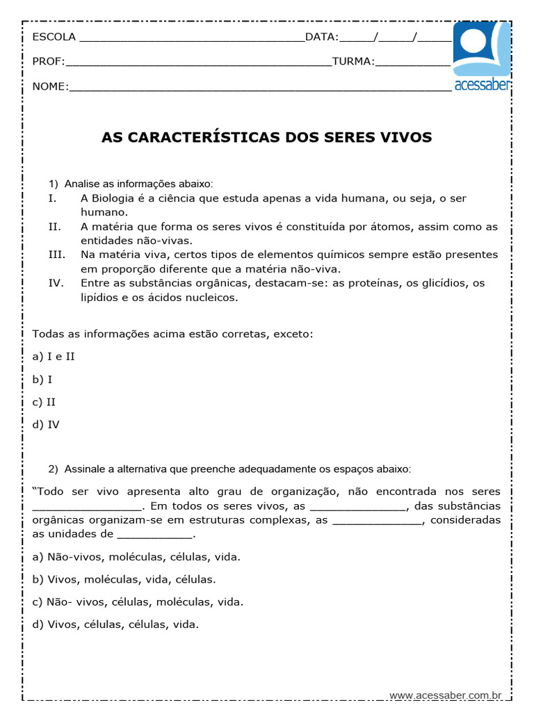 Características dos Seres Vivos | PDF | Célula (Biologia) | Organismos