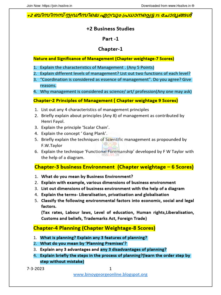 Hsslive Xii Bs Selected Qns For Hse Exam 2023 | PDF | Marketing | Business