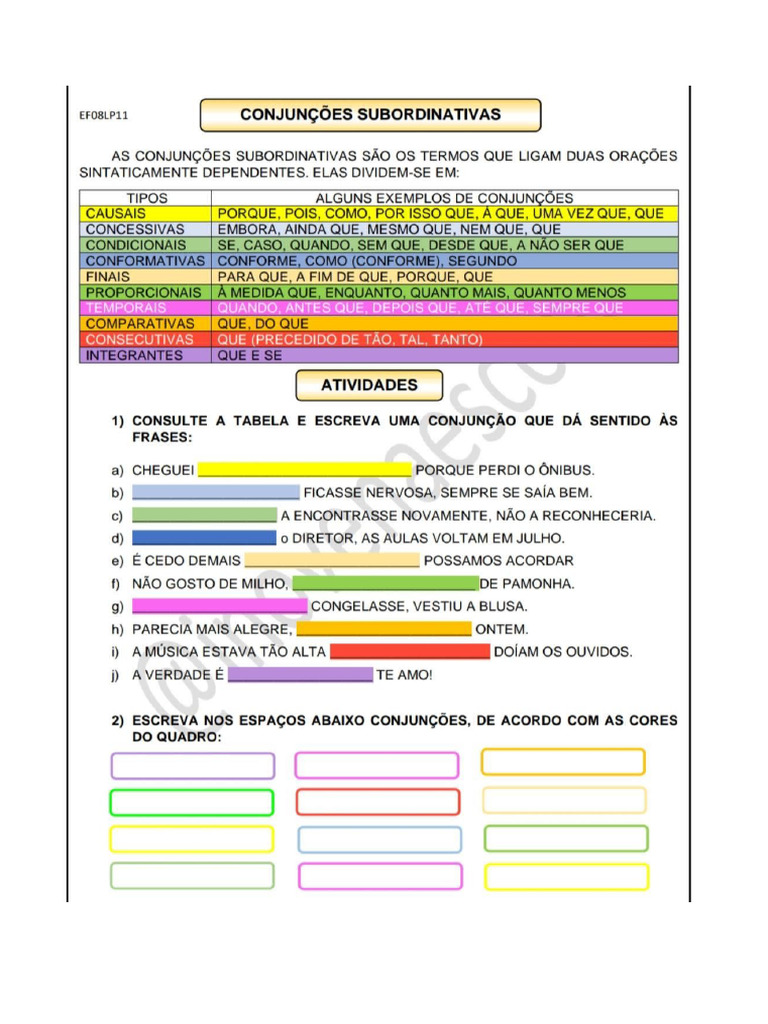 Conjunções Subordinativas 9° Ano | PDF