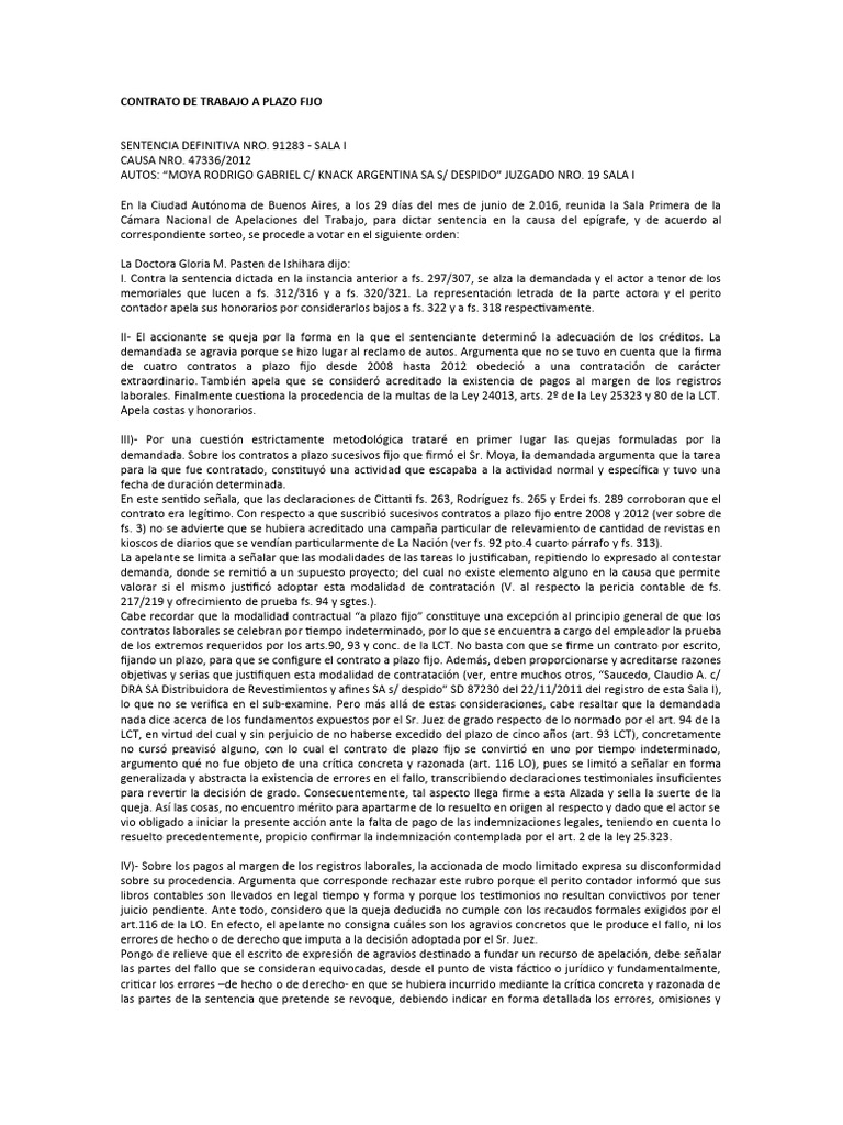 Fallo Contrato de Trabajo A Plazo Fijo | PDF | Caso de ley | Sentencia ...