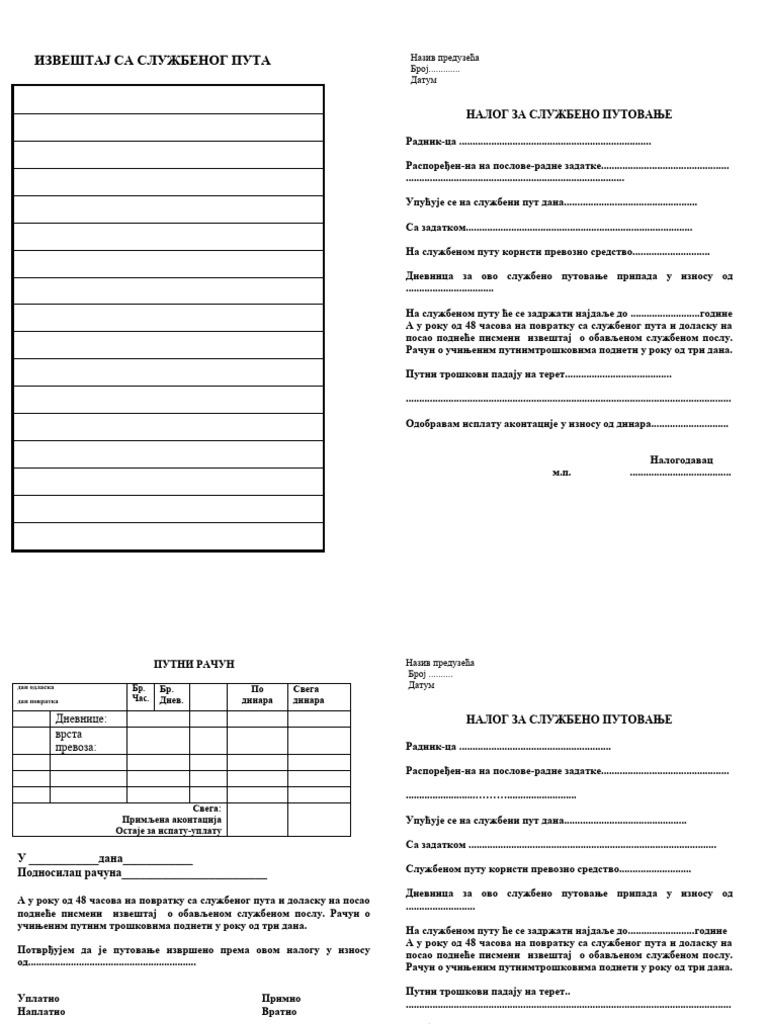 Nalog Za Sluzbeni Put Prilog | PDF
