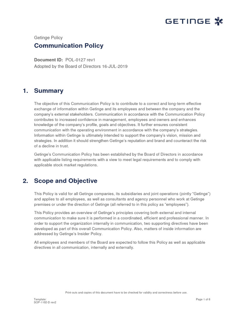 Getinge Communication Policy Overview | PDF | Chief Financial Officer ...