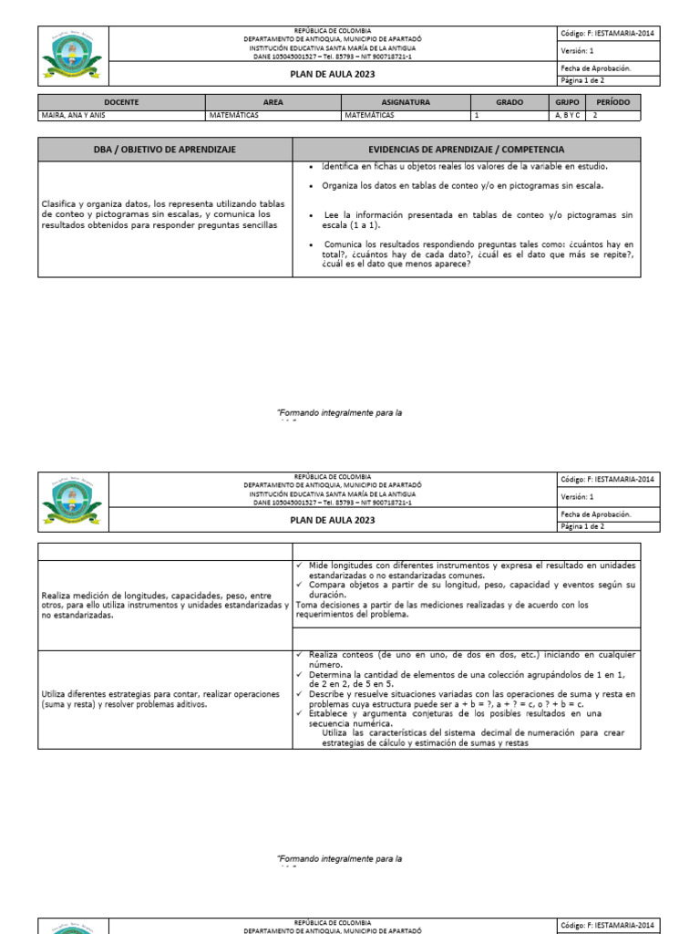 Plan de Aula de Matemáticas 2023 | PDF | Evaluación | Aprendizaje