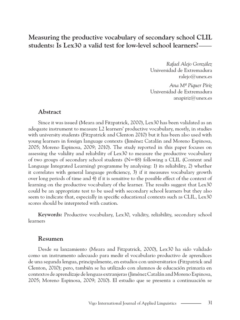 Validating Lex30 for CLIL Students | PDF | Validity (Statistics ...