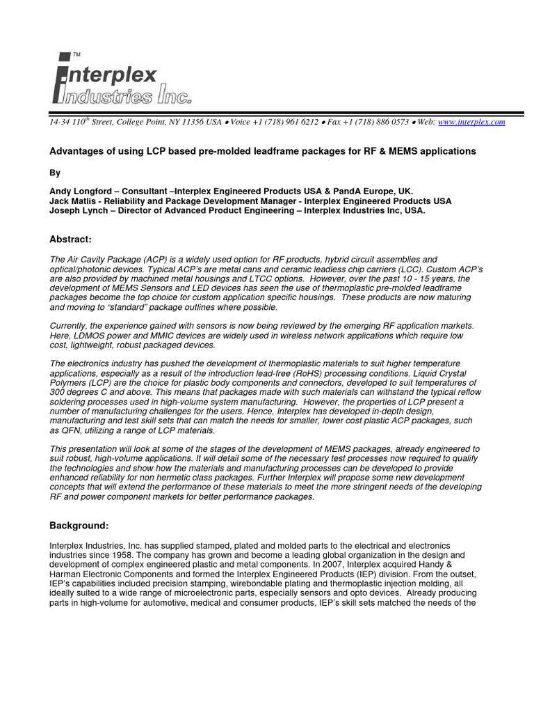 LCP Leadframe Packaging for RF & MEMS | PDF | Physical Sciences | Materials