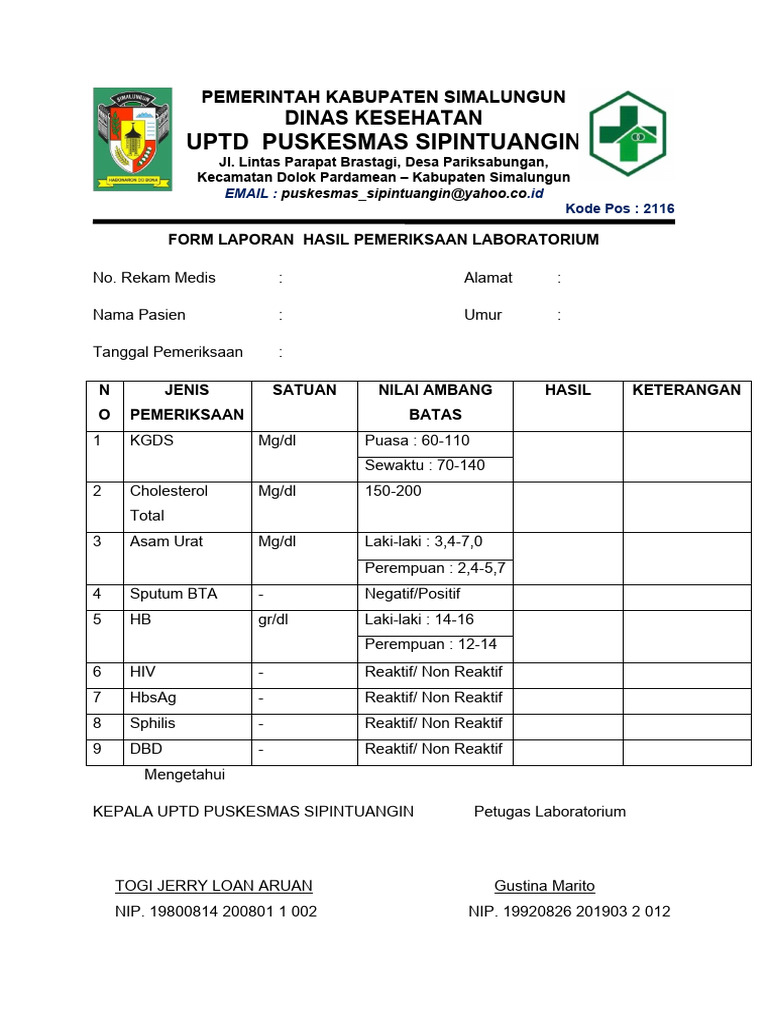 Formulir Hasil Laboratorium Puskesmas | PDF