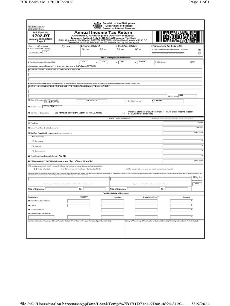 BIR Form 1702-RT: Annual Tax Return Guide | PDF | Taxes | Tax Deduction