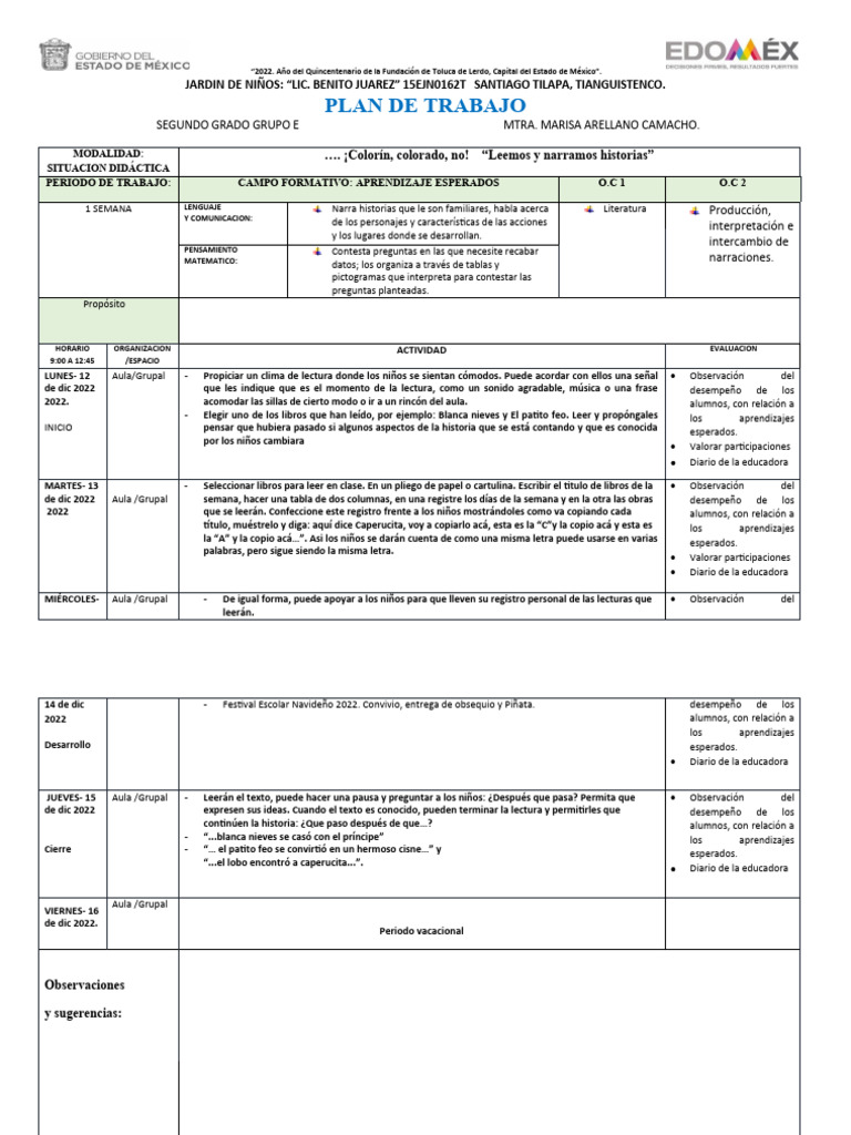 Plan de Trabajo Segundo Grado 2022 | PDF | Salón de clases
