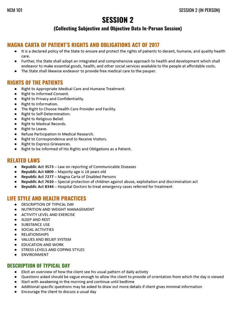NCM 101 - Subjective and Objective Data Collection | PDF | Sleep ...