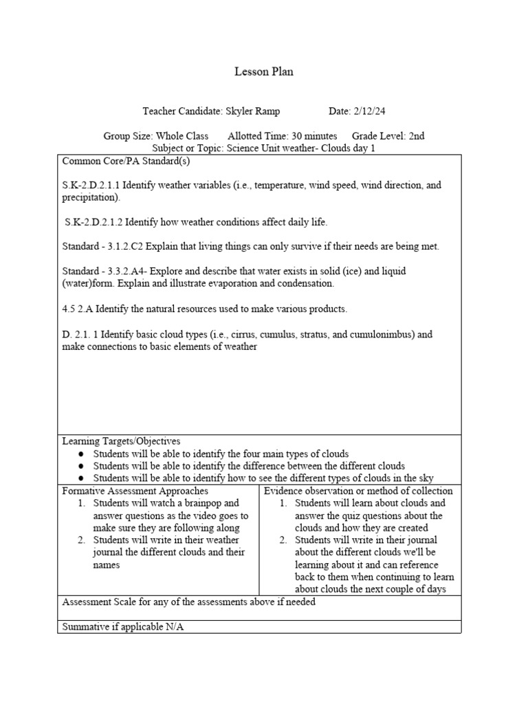 Unit Lesson Plan Weather - Clouds Day 1 | PDF | Cloud | Sky