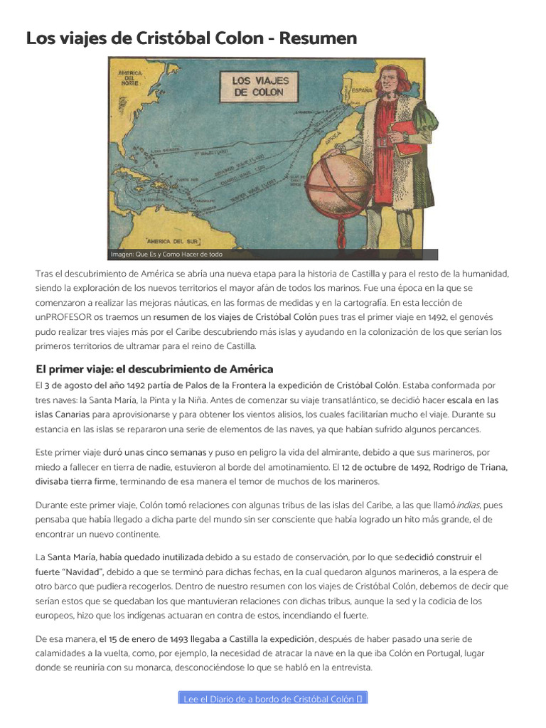 Viajes de Colón: Resumen Histórico | PDF | Cristobal colon | Américas