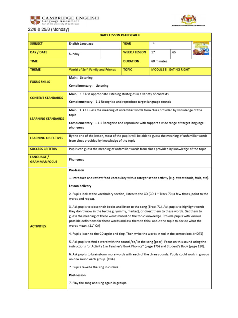 Year 4 English Lesson Plan: Eating Right | PDF | Lesson Plan | Teachers