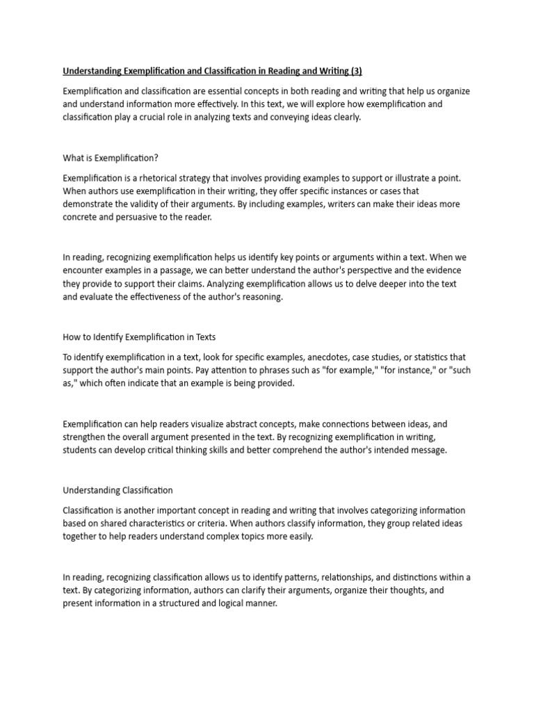 Understanding Exemplification and Classification in Reading and Writing