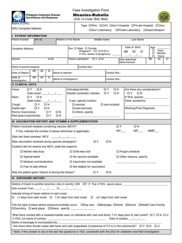 Measles-Rubella Case Investigation Form | PDF | Measles | Serology