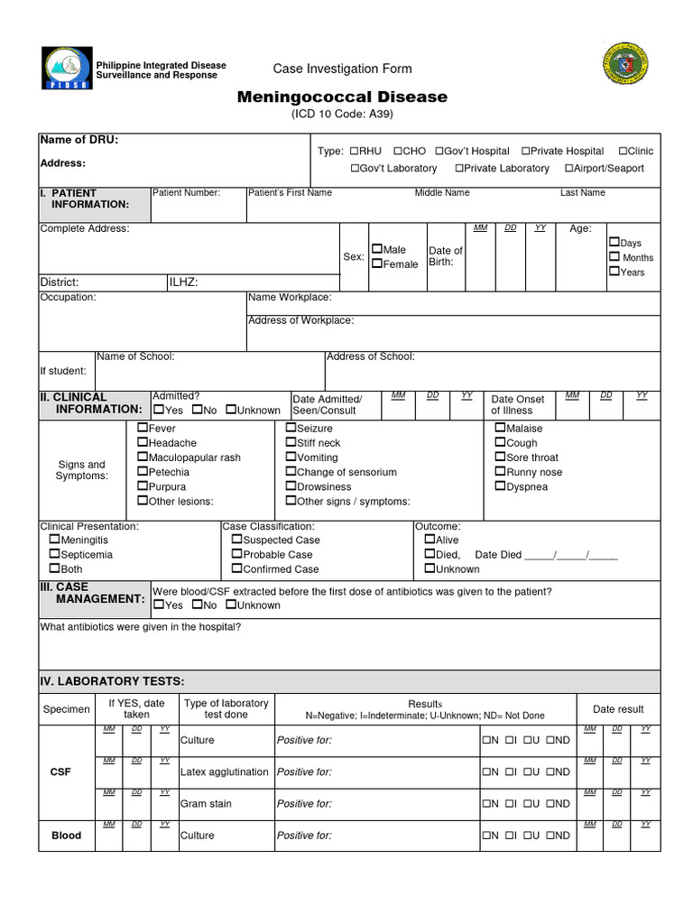 Case investigation form meningococcal disease pdf health sciences