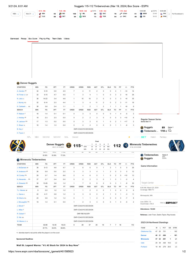 Nuggets 115112 Timberwolves (Mar 19, 2025) Box Score ESPN PDF