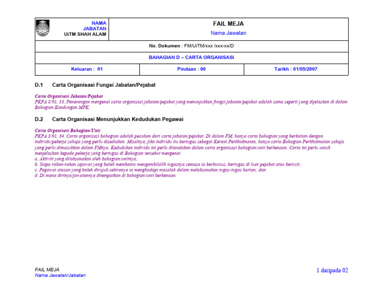 Uitm Shah Alam No. Dokumen: Fm/Uitm/Xxx /XXX-XX/D: Nama Jabatan | PDF