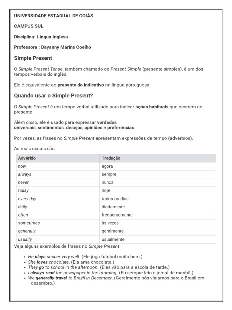 Guia Completo do Simple Present em Inglês | PDF | Assunto (gramática ...