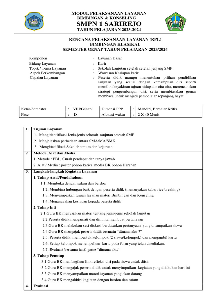 RPL Bimbingan Klasikal Kelas 8 SMP | PDF